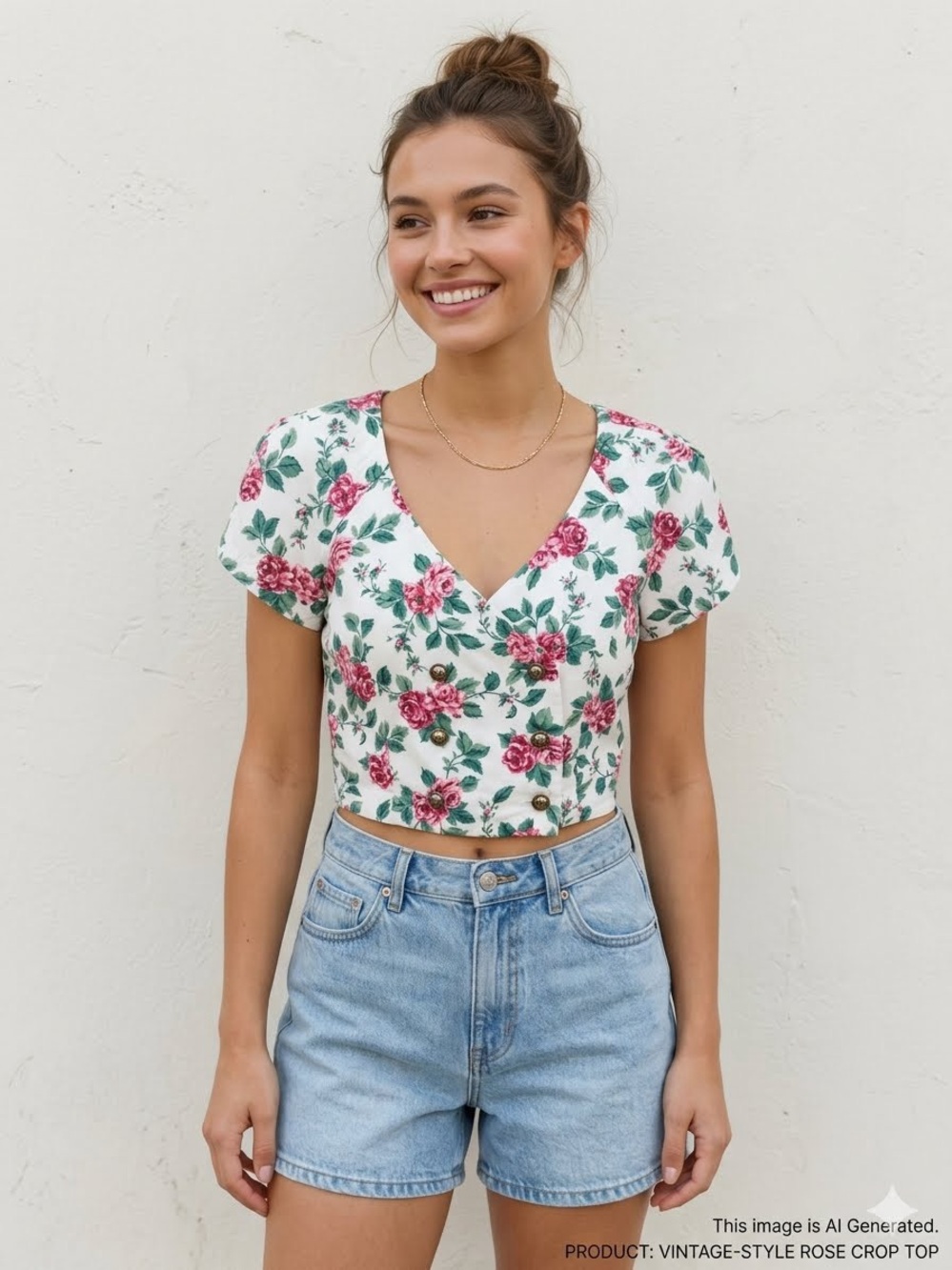 Vintage Rampage Floral Rose Crop Top Button Front V Neck Y2K Romantic Small